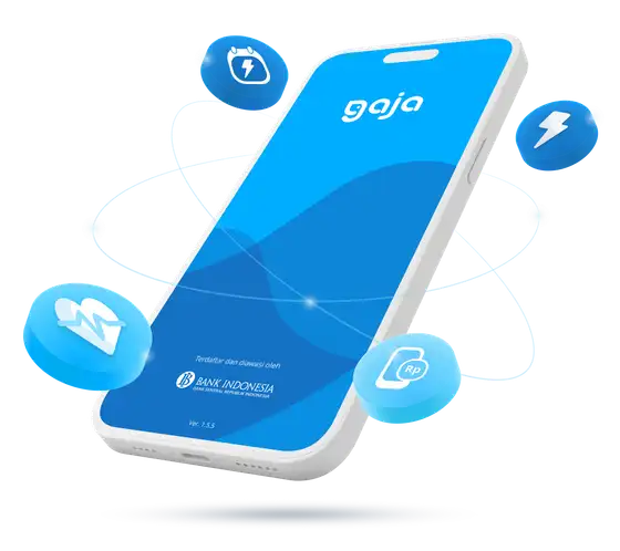 Aplikasi GAJA menampilkan pembayaran QRIS dan dompet digital di smartphone